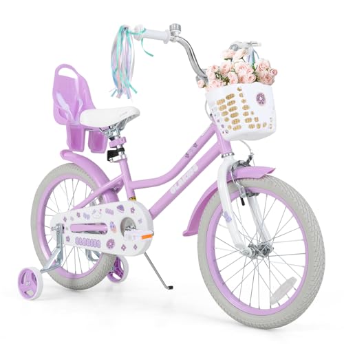 Image of Olakids Kids Bike, 12 14 16 18 20 Inch Girls Bicycle with Doll Seat Basket Adjustable Seat and Handlebar, Handbrake and Coaster Brake