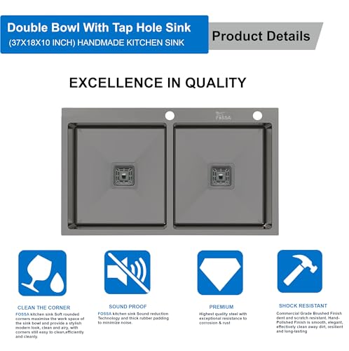 Image of Fossa 37 inchx18 inchx10 inch 5-Year Warranty Premium Stainless Steel Double Bowl Kitchen Sink with Tap Hole | with Drain Basket, Soap Dispenser & Drain Kit | Black (Matte Finish)