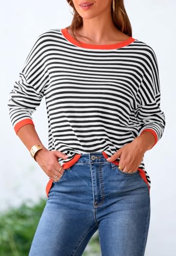 PRETTYGARDEN Womens Fall Striped Sweaters Long Sleeve Crewneck Color Block Lightweight Knit Pullover Tops 2025 Trendy Outfits3