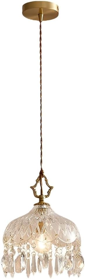 Clearn Glass Lampshade Pendant Lamp,French Brass Vintage Crystal Glass Pendant Light,Adjustable Hanging Single Head Hanging Lamp,for Kitchen Island Hallway Bedroom Farmhouse 10.6in*7.8in