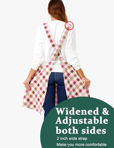 Image of Cozy Adjustable Cross Back Aprons for Women with Pockets Cotton Linen Cooking Kitchen Baking