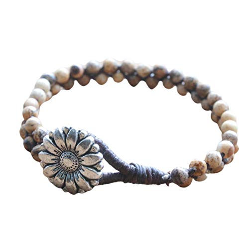 Jasper Gemstone Beads Silver Womens Bracelet, Brown Jasper Mom Daughter Family Jewelry, Silver Flower Charm Braided Birthstone Bracelet