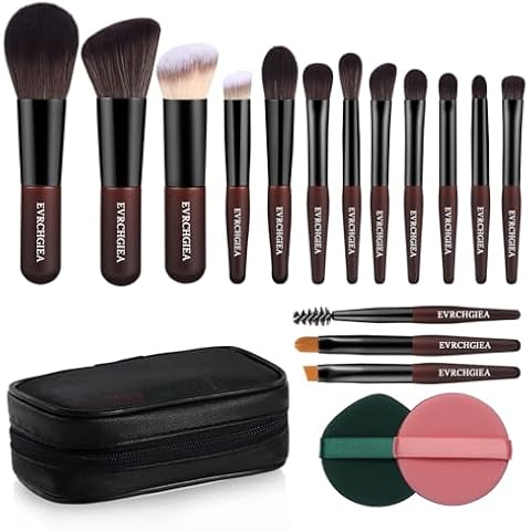 Travel Makeup Brush Set, 15 pcs Mini Makeup Brushes and 2 Puff for Foundation, Powder, Eyeshadow, Highlight, Contour, Blush & Concealer, Small Makeup Brush Set Purse Size with Case Cover