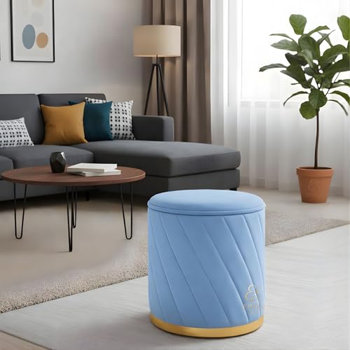 Image of Luxury Round Velvet Ottoman Stool with Gold Base - Modern Upholstered Footrest Pouffe, Tufted Vanity Seat, Living Room Bedroom Dressing Stool (Sky Blue)