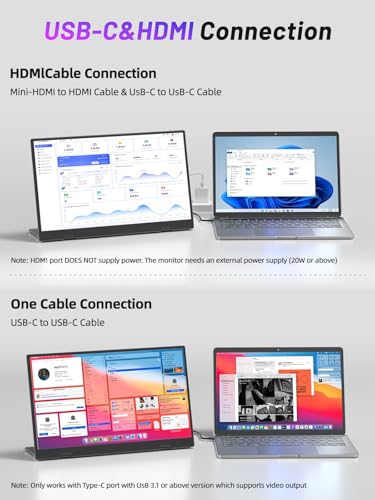 Image of Portable Monitor, 15.6 inch Display, 1080P Full HD Resolution, IPS Panel, 300 Nits Brightness, 60Hz Refresh Rate, USB-C /HDMI, Plug & Play, Height-Adjustable Stand, Gaming & Travel