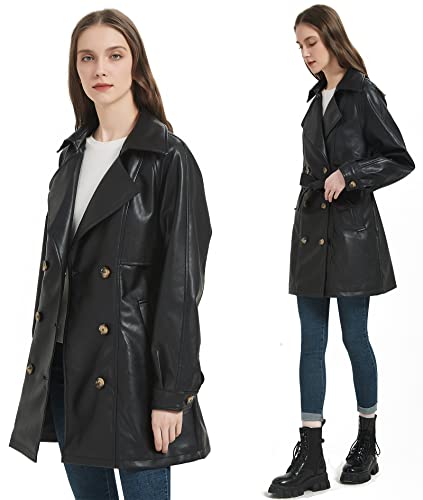 RISISSIDA Women Faux Leather Long Jacket,Double Breasted Spring Fall Pleather Casual Lapel Mid Length Trench Coat with Belt4