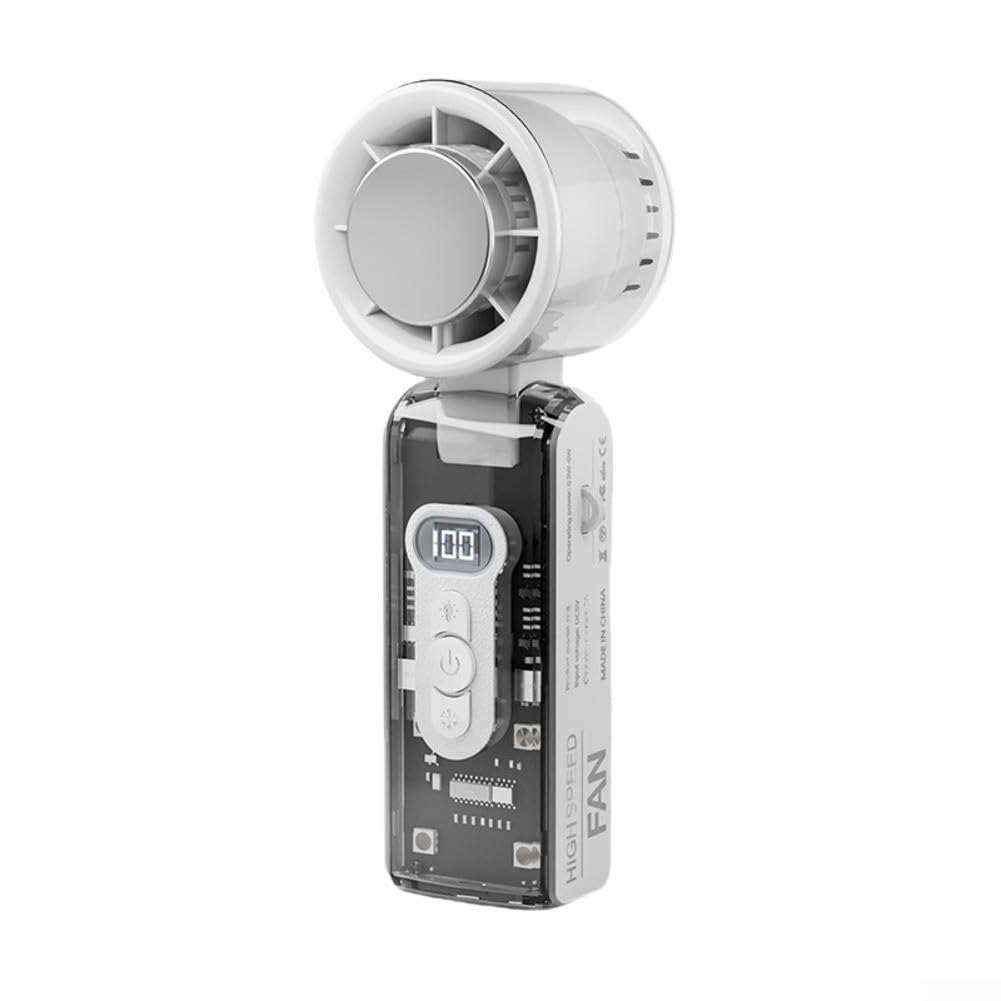 Ventilador de cuello recargable blanco con diseño plegable de mano, motor turbo y luz LED