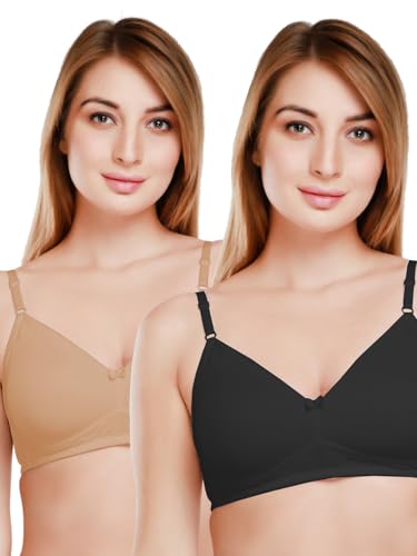 Image of DAISY DEE Women's Girls Cotton Non-Padded Wirefree Seamless Full Coverage Comfortfit Everyday Use T-Shirt Bra (Black & Skin Size-30B) - Pack of 2 - NDSZN