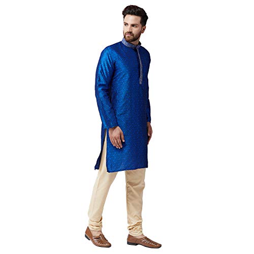 Image of SOJANYA (Since 1958 Mens Maroon Jacquard Silk Kurta and Black Churidaar Pyjama Set