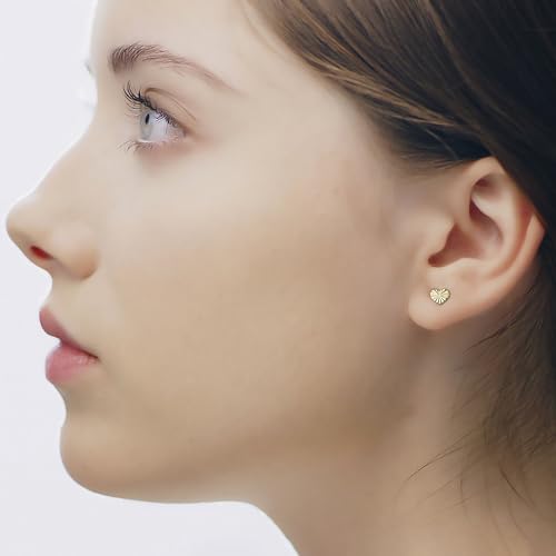 14K Real Yellow Gold Diamond Cut Stud Earrings for Women & Girls - Hypoallergenic for Sensitive Ears for Gifts3