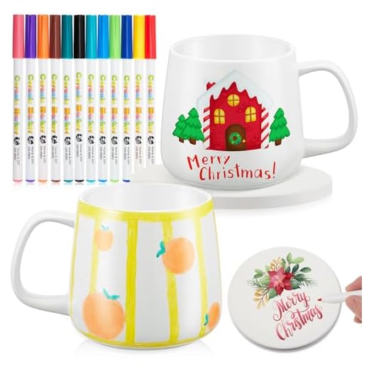 Geiserailie 2 Tazas de Cerámica Blanca para Pintar con 2 Posavasos 12 Bolígrafos Porcelana Set Manualidades Taza Café DIY Regalo para Maestro, los Posavasos No se Calientan en Horno(Panza Grande)