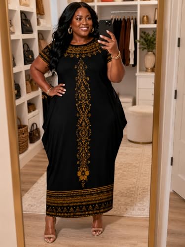 Image of Plus Size Maxi Dress for Women Short Sleeve V Neck Casual Loose Sundress with Pockets