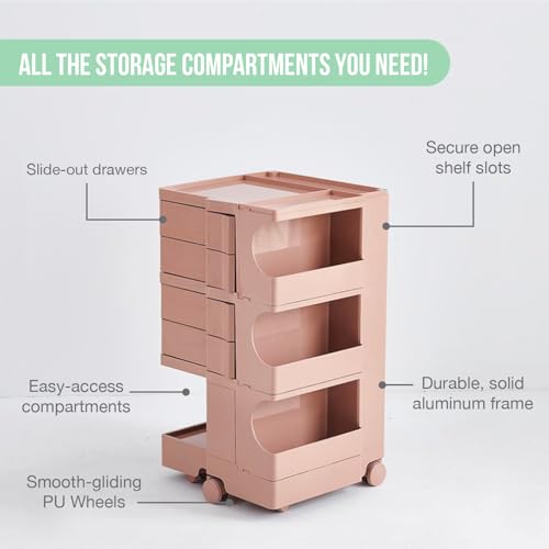 Multipurpose Utility Storage Cart - Ultra Storage Caddy with Wheels and Swing Out Drawers - Designer Home Trolley Cart - Caddy for Salon, Kitchen Bathroom Portable Cabinet - Sakura Peach