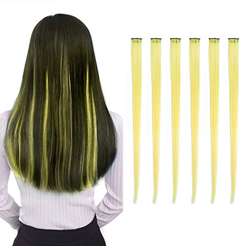 Gemily Colored Clip in Hair Extensions 24 inch Straight Long Highlight Hairpieces Cospaly Party Christmas Wigs Pieces for Women and Girls 6pcs(yellow)