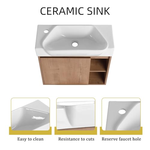 Image of 24 inch Wall Mounted Bathroom Vanity with Ceramic Sink, Modern Floating Bathroom Cabinet with Soft-Close Door & 2 Open Storage Shelves, Farmhouse Small Bath Vanity Set, Easy to Clean, Natural Oak