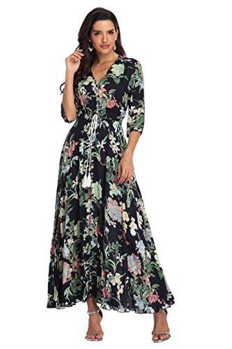 Summer Floral Print Maxi Dress Women Button Up Split Long Flowy Bohemian Beach Party Dresses
