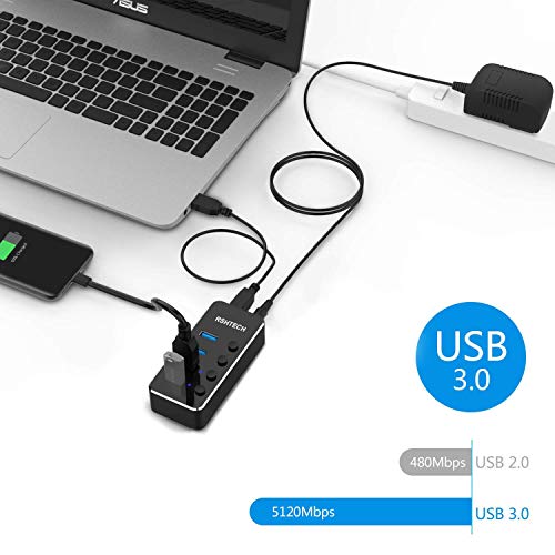 image for Powered USB Hub, RSHTECH 4 Port USB 3.0 Hub Splitter Portable Aluminum