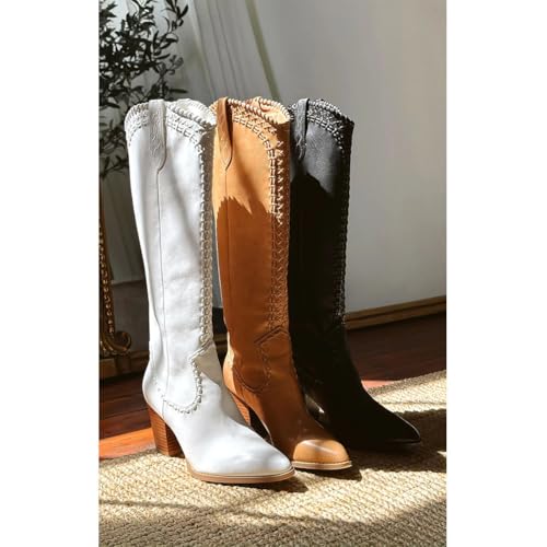 Knee High Cowboy Boots for Women Pointed Toe Chunky High Heels Pull-on Wide Calf Western Cowgirl Boots2