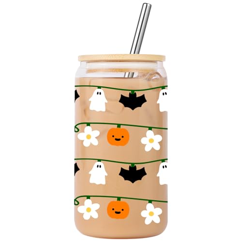 Nymora Halloween 16oz Glass Tumbler with Straw and Lid & Pumpkin Ghost String Lights Spooky Gifts