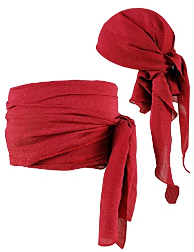 Mayerilby Hairband - Fullset, Wine Red Pirate Bandana Headscarf Hat Accessories with Pirate Bandana Headband and Pirate Waist Belt for Men and Women