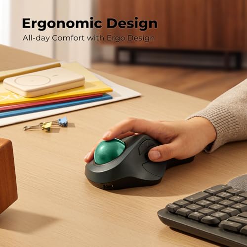 Image of Ergonomic Wireless Trackball Mouse for Wrist Comfort, Bluetooth & USB Receiver, Rechargeable Rollerball Mouse with 44mm Index Finger Trackball, 5 DPI Levels, Multi-Device for PC, Mac, Laptop