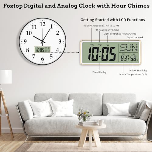 Image of Foxtop 14 inch Digital and Analog Wall Clock Silent Battery Operated Hour Chime