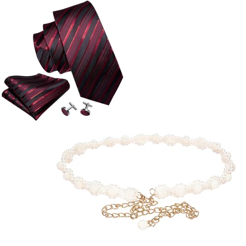 Barry.Wang Stripe Men Ties Set Pearl Belts Gift for Women Wedding Dress Crystal Rhinestone Off White Waist Chain