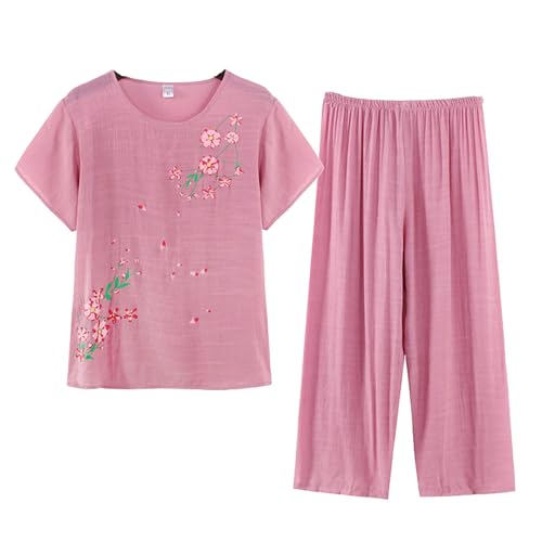 Image of FindThy Women's 2 Piece Linen Outfits Short Sleeve Floral Print Lounge Sets Crewneck Summer Suits