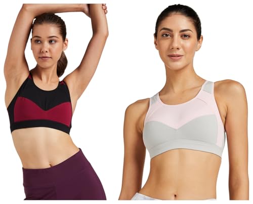 Image of Van Heusen Women Proactive Wireless Padded Racerback Spandex, Grey Sports Bra - Anti Bacterial, Full Coverage, Medium Impact (Pack of 2)