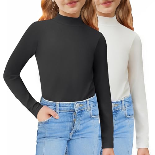 Arshiner Girls 2 Pack Mock Turtleneck Long Sleeve Shirts Slim Fit Casual Trendy Soft Base Layer Top Tee