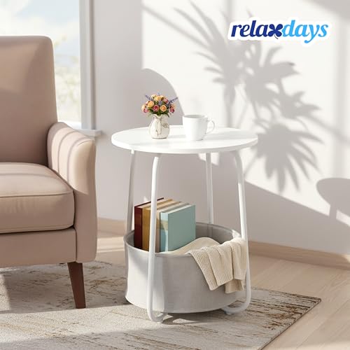Relaxdays Beistelltisch, runder Couchtisch, mit Stoffkorb, HD: 50x40 cm, Kaffeetisch Wohnzimmer, MDF & Metall, weiß/grau – Bild 3