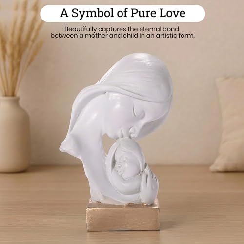 Image of Kuber Industries 4x6 Inch Mother Child Sculpture for House Warming Gift | Resin Mom & Baby Love Idol /Showpiece for Home DecorLiving Room /Desk | White & Golden