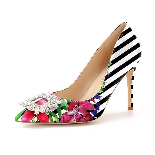 Reindee Lusion Womens High Stiletto Heels Pumps Crystal Printed Closed Toe Sexy Pumps Shoes