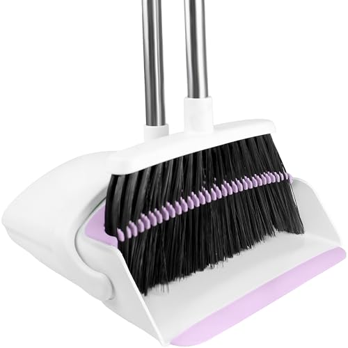Image of Broom with Dustpan Combo Set for Home, 52-in Long Adjustable Handle Angle Broom and Dustpan Set with Dustpan Comb Teeth for Sweeping Pet Hair Food Dirt Kitchen (White-Purple)