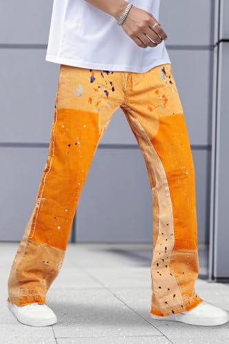 GINGTTO Mens Flared Jeans Stretch Elastic Waist Carpenter Denim Pants for Men Contrast Painted Design Yellowish Brown 343