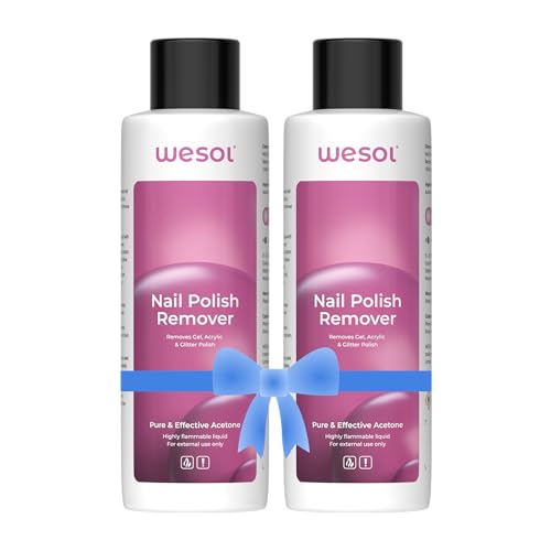 Wesol Nail Polish Remover Acetone Formula 200 ml pack of 2, Removes Gel, Acrylic and Glitter Polish, Quick and Effective