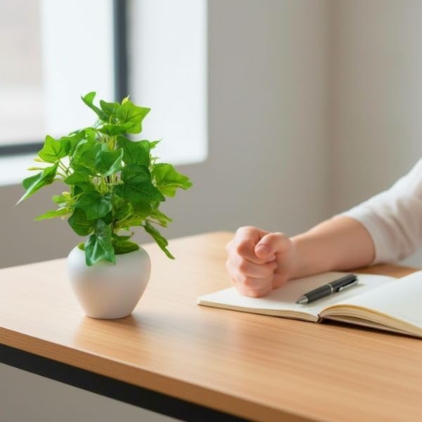 Image of fancymart Artificial Plant Leaves in Apple Pot (30 cm Height) | Small Potted Plant for Office Desk | Home Decor for Living Room | Cafe & Restaurant Table Decoration