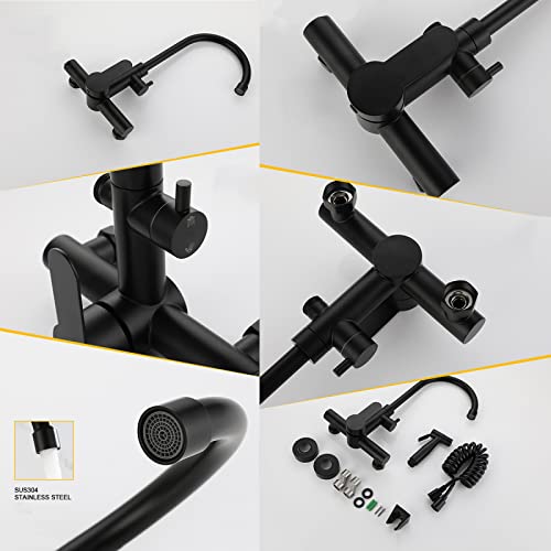 Grifos de fregadero cocina pared acero inoxidable monomando negro rociador 6