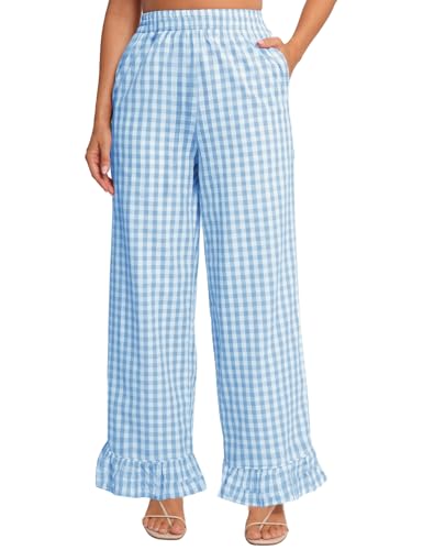 Flygo Women's Gingham Pants Y2K Cotton Wide Leg Ruffle Hem Lounge Pants Plaid Elastic Wasited Trouser with Pockets(Blue-S)