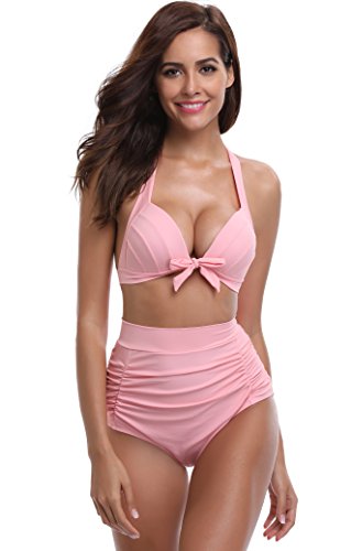 SHEKINI Women's Vintage Swimsuit Ruched Swim Bottoms Push Up Triangle Halter Bikini Top Twp Piece High Waisted Swimwear (X-Large, Dirty Pink)