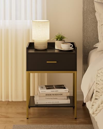Image of Masupu Nightstand,Bedside Table 3-Tier Modern Night Stand with Storage Drawer and Shelf,Small End Side Table for Bedroom,Living Room,Black (Without Outlet, Black)