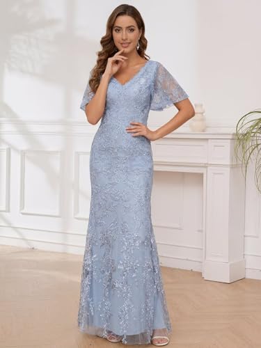 Image of Lace Mermaid Mother of the Bride Dresses for Wedding Short Sleeve Formal Dress Evening Gowns
