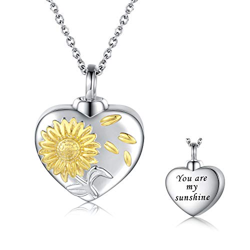 Sunflower Urn Pendant Necklace 925 Sterling Silver Keepsakes Cremation Jewelry for Ashes Necklace You are My Sunshine Memorial Always in My Heart Memory Necklace Gift (one Sunflower)