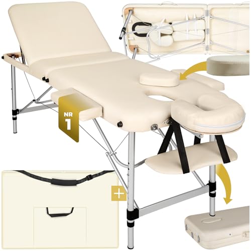 tectake Massageliege 3 Zonen, Massagetisch, Massageliege klappbar, höhenverstellbare Aluminium Massageliege, Massagebett tragbar inkl. Zubehör, Alu-Kopfstütze, Armlehne und Tragetasche - beige