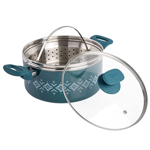 Spice by Tia Mowry Savory Saffron 5 QT Healthy Nonstick Ceramic Dutch Oven W/ Stainless Steel Steamer Insert and Lid - Teal