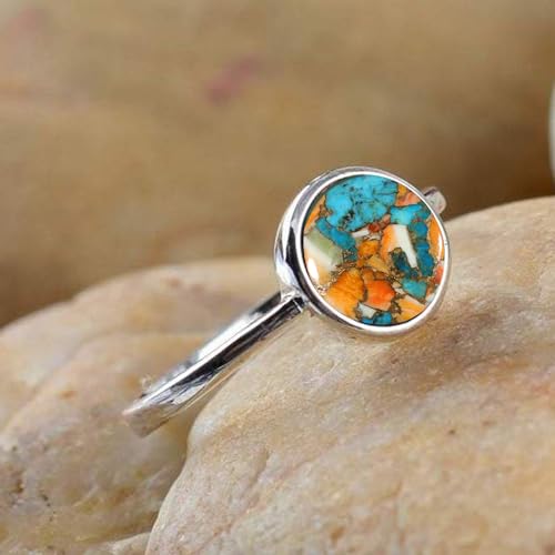 Spiny Oyster Copper Turquoise Ring 925 Sterling Silver Ring Round Shape Handmade Turquoise Ring For Women Everyday Ring For Birthday, Wedding Gift For Her Orange Gemstone Ring By NKG3
