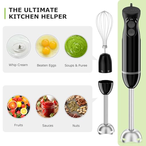 Bonsenkitchen Immersion Blender Handheld, 2 Mixing Speed Hand Blender Electric with Sharp Blades, 3-In-1 Hand Held Stick Blender with Egg Whisk, 24oz Beaker for Soups, Smoothies, Sauce