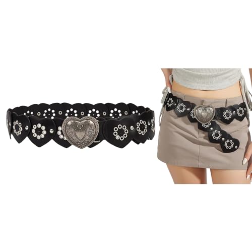 caralei Hollowed Heart Shaped Belt Aesthetic Rivet Studded Wide Belt Pants Belt 2000s Girl Waistband Female Western Waist Decors Pu2