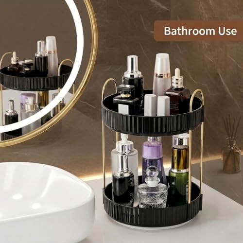 Image of INOVERA (LABEL) 360 Rotation Makeup Organizer for Women, Girls & Bride - Dressing Table Cosmetic Storage Case - Bathroom Vanity Skincare Holder Organiser (2 Tier, Black)