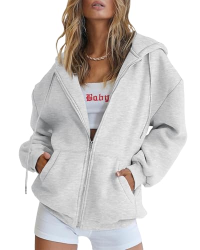 EFAN Women Zip Up Hoodies Oversized Sweatshirt Jacket 2025 Fall Fleece Cute Pullover Hooded Tops Teen Girls Casual Loose Fit Y2k Trendy Fashion Gym Clothes Outfits Grey S
